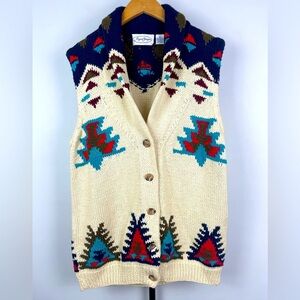 Jason Younger Cream Blue Aztec Western Print‎ Knit Vest
